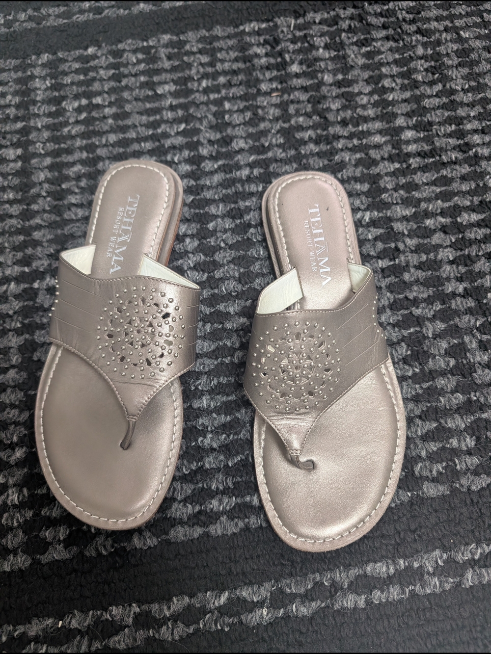 TEHAMA Metallic Taupe Beaded Toe-Post Sandals